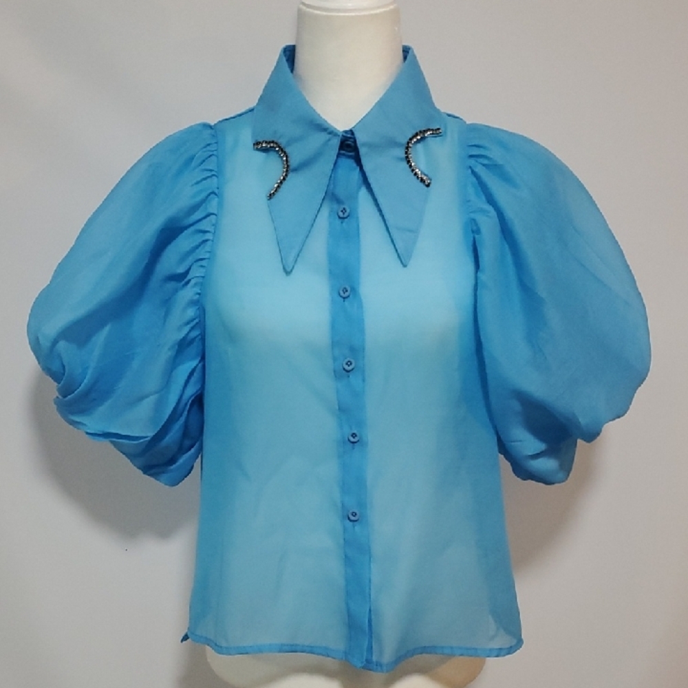 Chic Blue Puff Sleeve Blouse szL